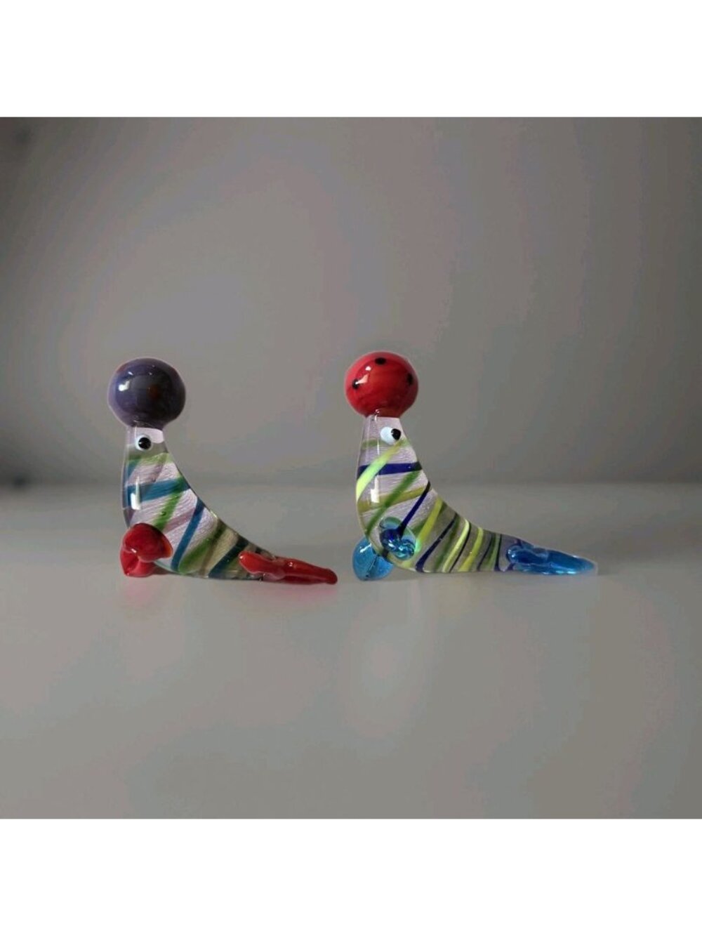 Vintage Murano Style Blown Glass Seal Figurine Set Balancing Ball Miniatures
